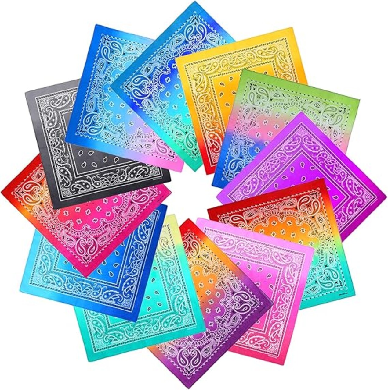 12 Pack Novelty Gradient Cotton Bandanas Paisley Print Head Wrap Handkerchief, 2 Style